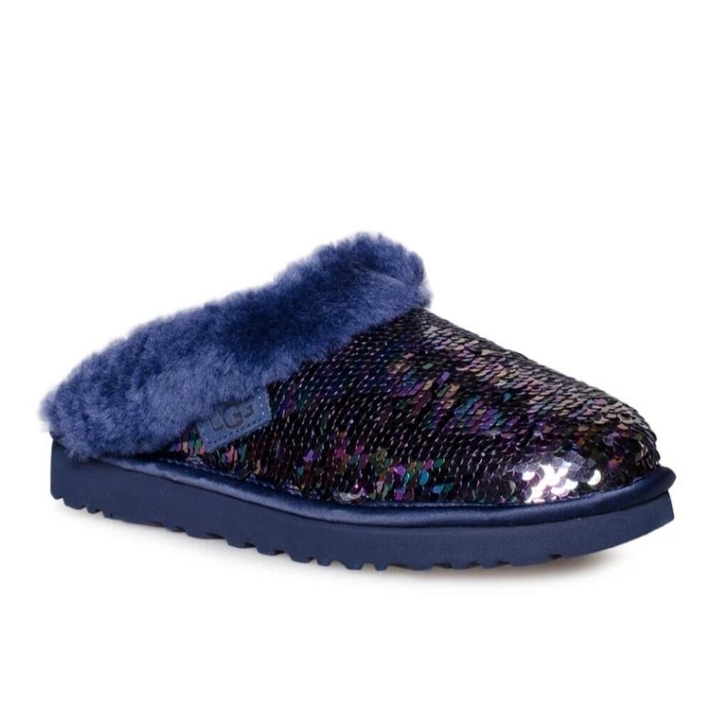 UGG Women's Navy Cluggette Sequin Slipper Shoes Sheepskin Lining 1127490 | 7 EUC